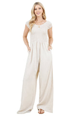 Women's Casual Resort Wear Linen Blend Summer Jumpsuit  with Smocked Top and Wide Leg