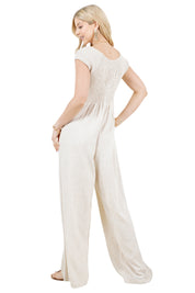 Women's Casual Resort Wear Linen Blend Summer Jumpsuit  with Smocked Top and Wide Leg