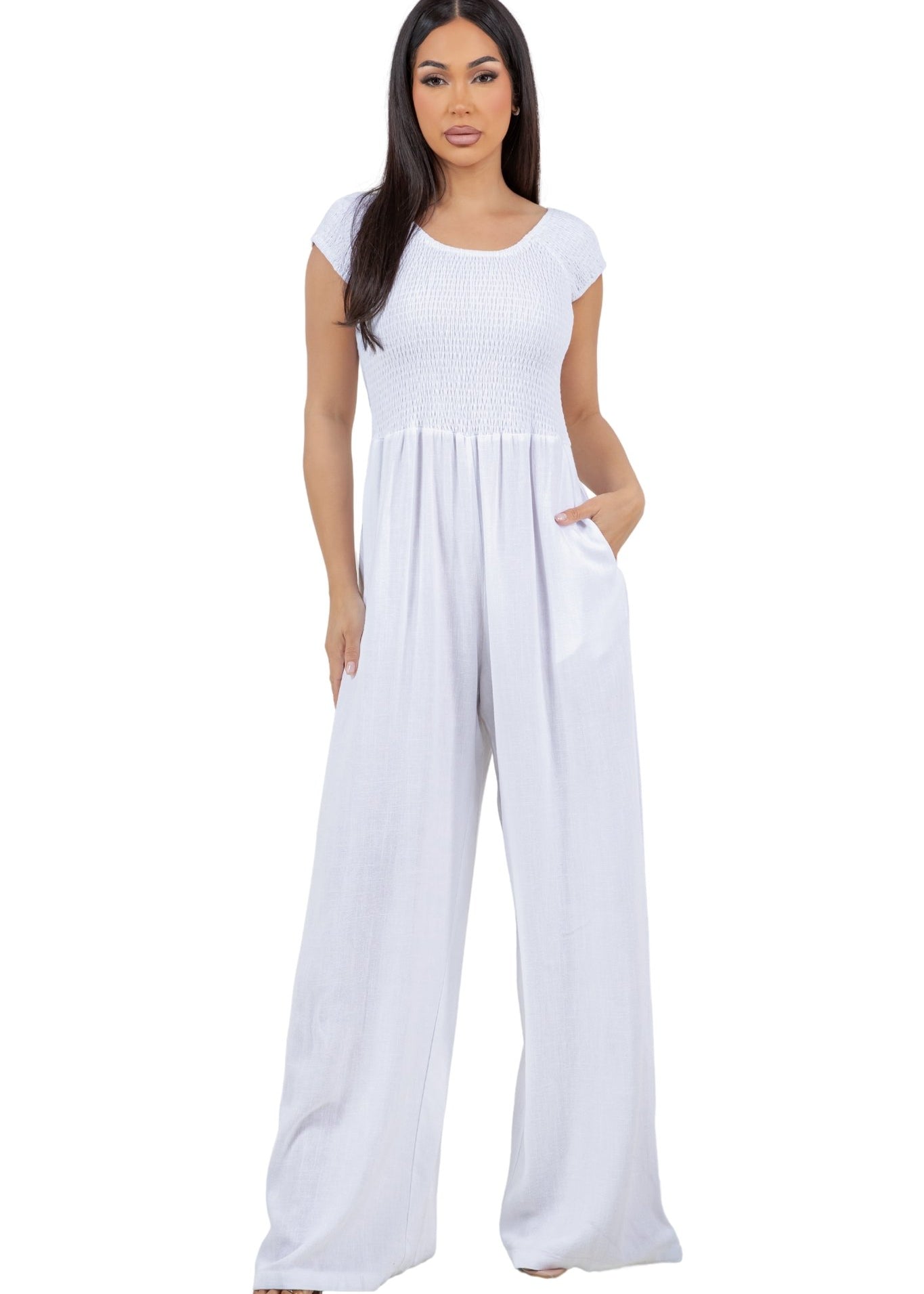 Women's Casual Resort Wear Linen Blend Summer Jumpsuit  with Smocked Top and Wide Leg