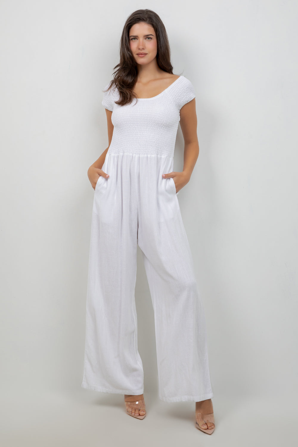 Women's Casual Resort Wear Linen Blend Summer Jumpsuit  with Smocked Top and Wide Leg