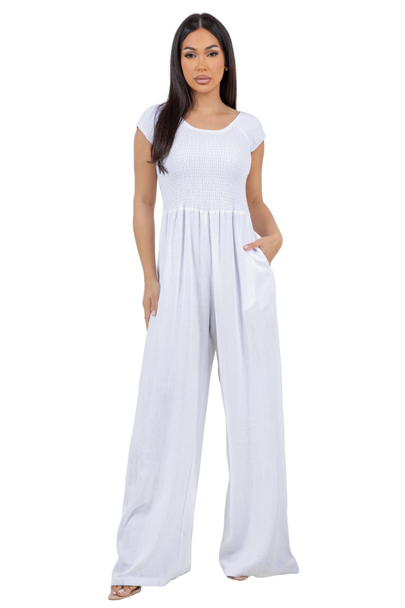 Women's Casual Resort Wear Linen Blend Summer Jumpsuit  with Smocked Top and Wide Leg
