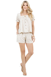 Women's Casual Smocked Ruffle Sleeve Button Blouse Linen Blend Short Sleeve Top