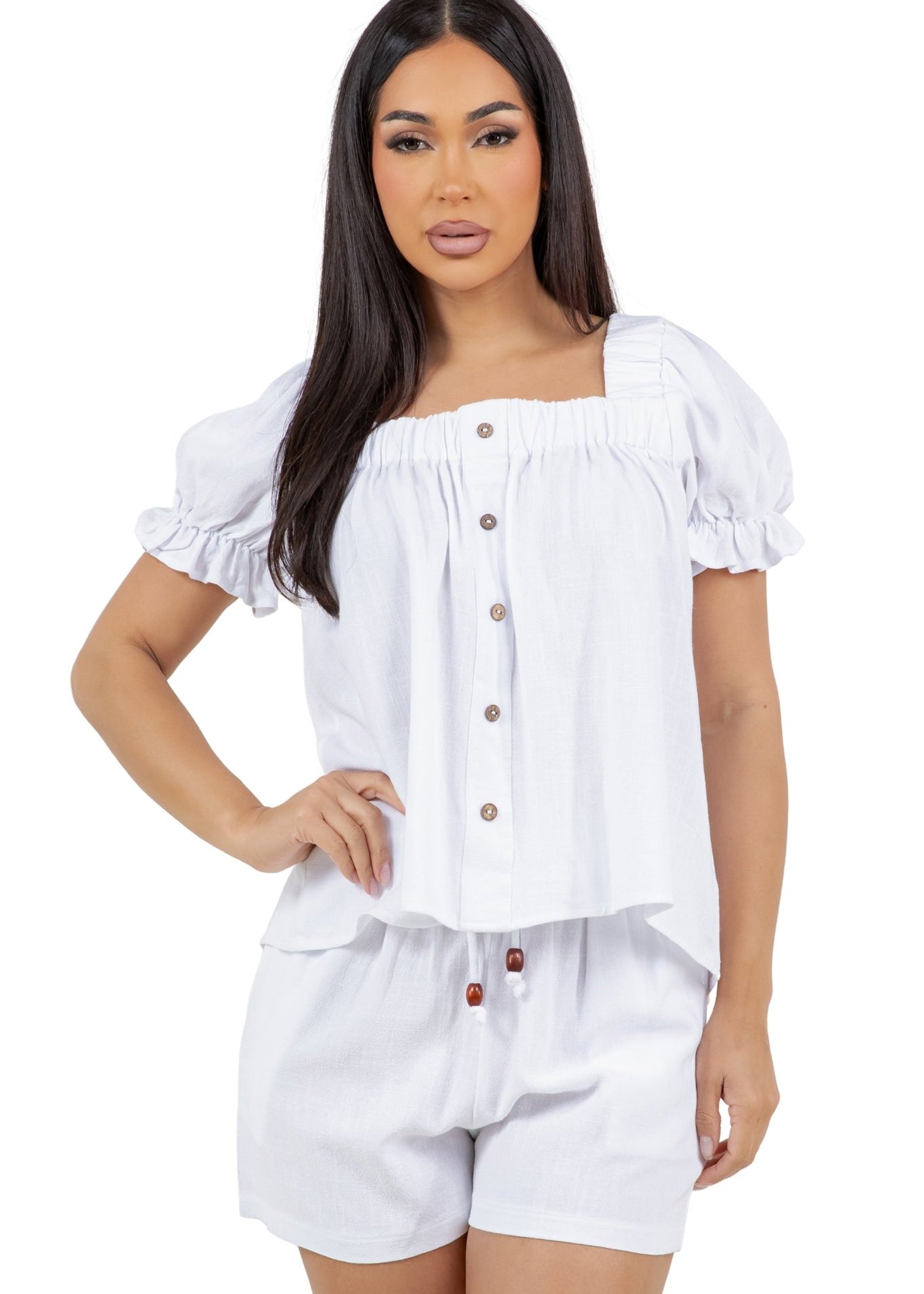 Women's Casual Smocked Ruffle Sleeve Button Blouse Linen Blend Short Sleeve Top