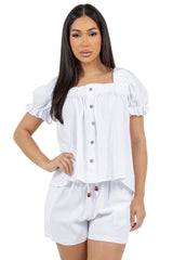 Women's Casual Smocked Ruffle Sleeve Button Blouse Linen Blend Short Sleeve Top