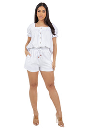 Women's Casual Smocked Ruffle Sleeve Button Blouse Linen Blend Short Sleeve Top
