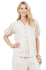 Women's Casual Crochet Trimmed Linen Blend Button Down V Neck Short Sleeve Top