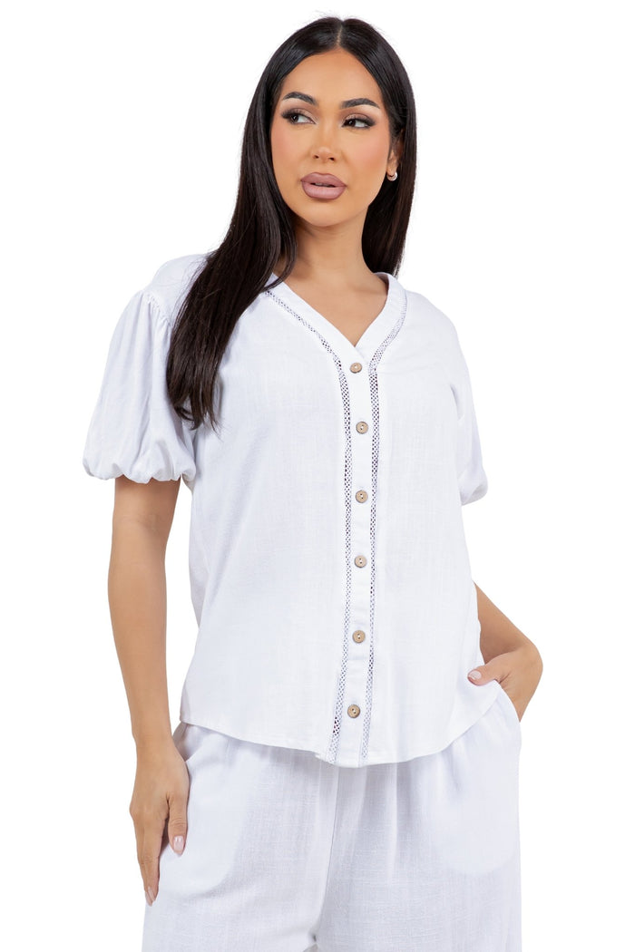 Crochet-Trimmed V-Neck Puff Sleeve Linen Blend Top