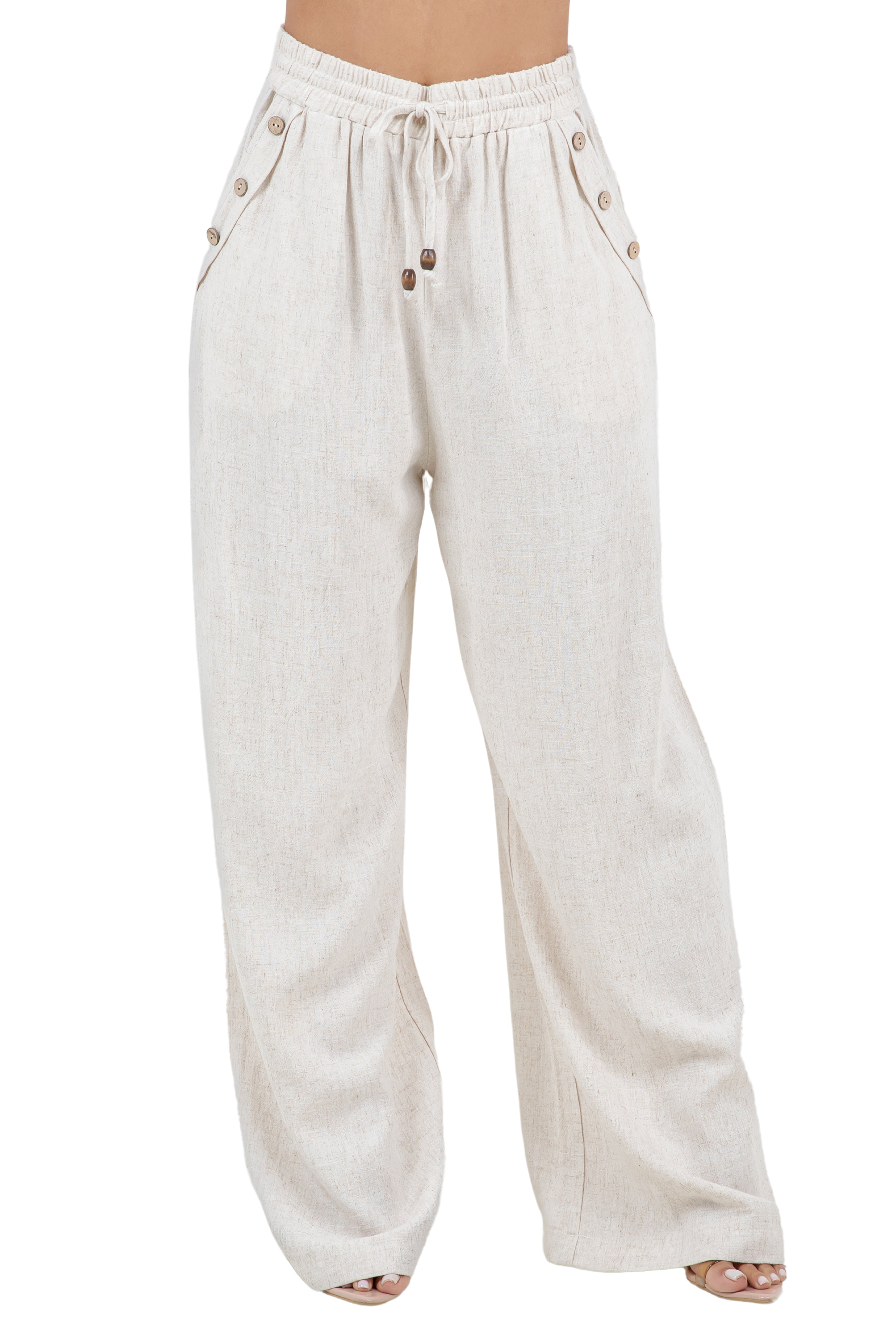 Pantalones Palazzo informales de playa para mujer, de mezcla de lino con cintura con cordón