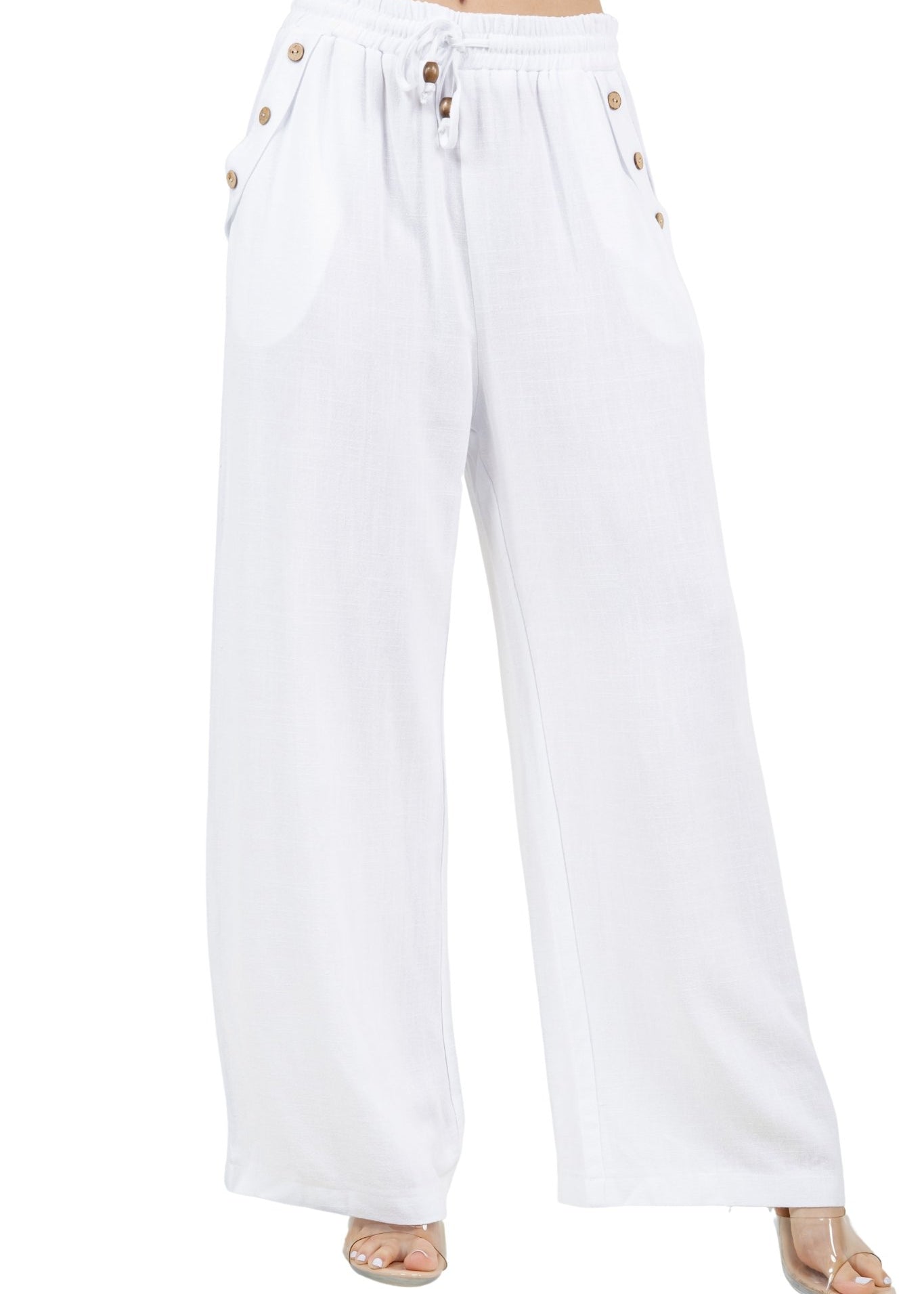 Women's Casual Beach Resort Wear Button Detail Linen-Blend Palazzo Pants with Drawstring Waist