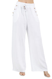 Pantalones Palazzo informales de playa para mujer, de mezcla de lino con cintura con cordón