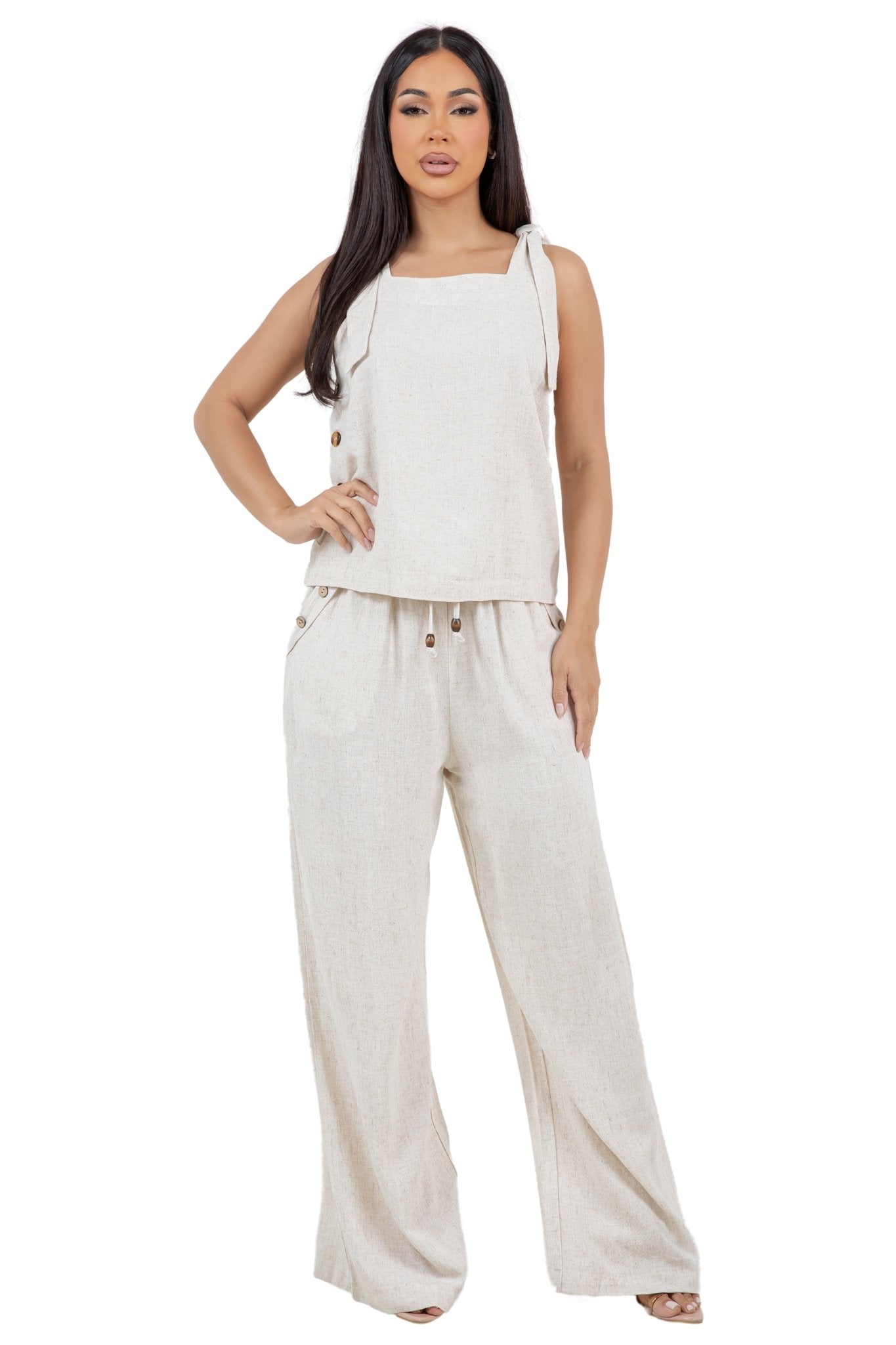 Women's Casual Beach Resort Wear Button Detail Linen-Blend Palazzo Pants with Drawstring Waist