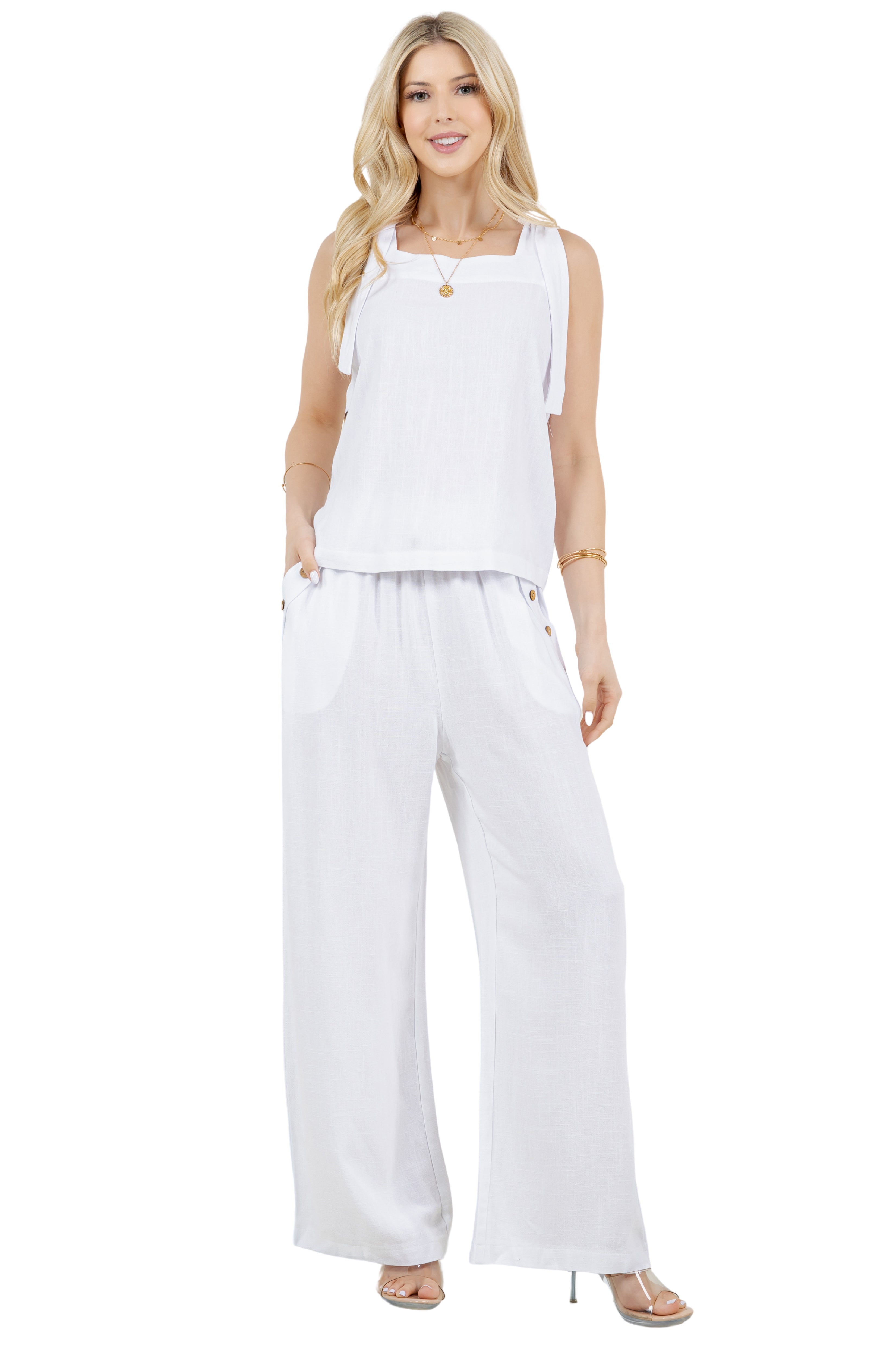 Pantalones Palazzo informales de playa para mujer, de mezcla de lino con cintura con cordón