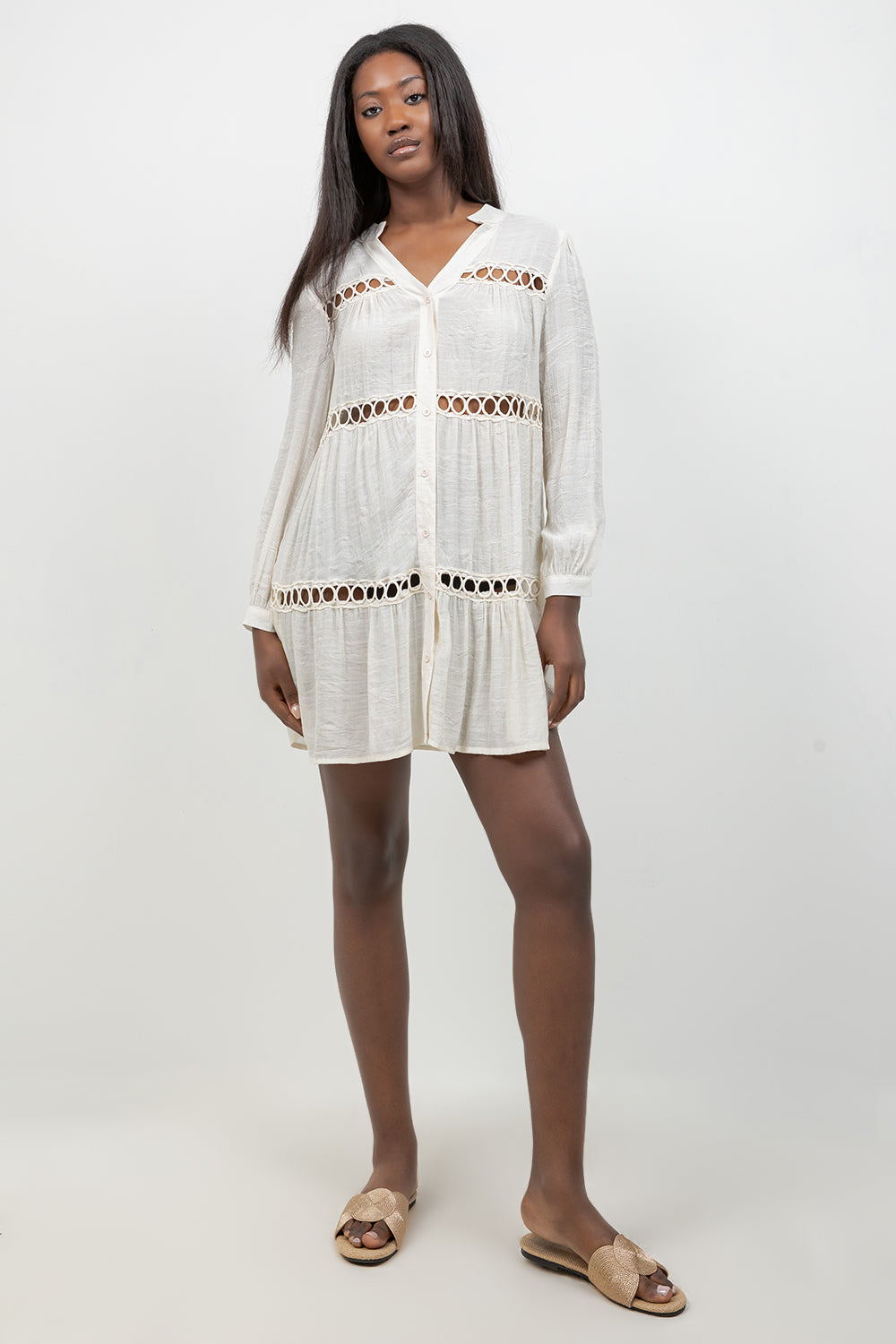 Circle Lace Crochet Detail Puff Sleeve Tunic Blouse