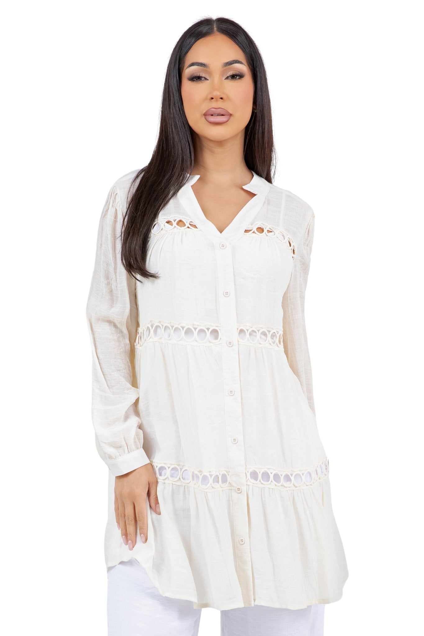 Women's Casual Resort Wear Circle Lace Crochet Detail Tunic Blouse Button Down