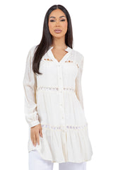 Women's Casual Resort Wear Circle Lace Crochet Detail Tunic Blouse Button Down