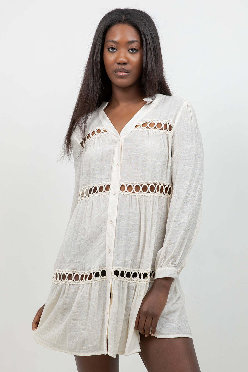 Circle Lace Crochet Detail Puff Sleeve Tunic Blouse
