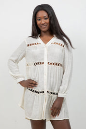 Circle Lace Crochet Detail Puff Sleeve Tunic Blouse