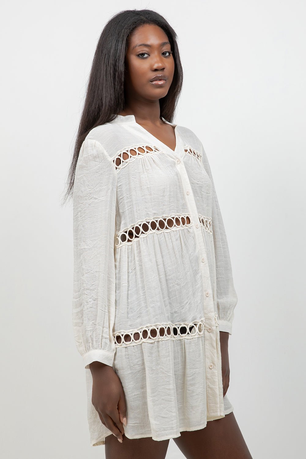 Circle Lace Crochet Detail Puff Sleeve Tunic Blouse