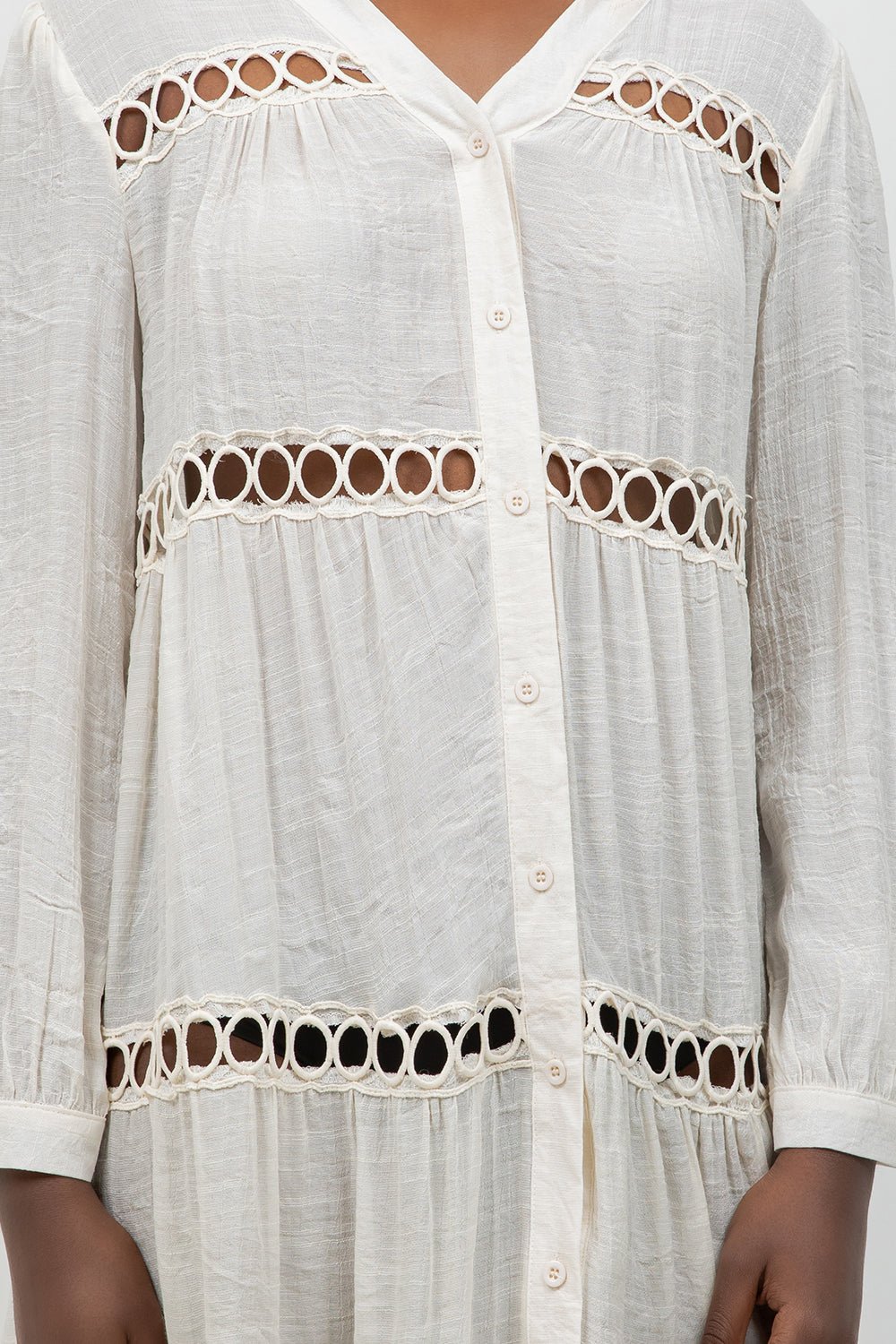 Circle Lace Crochet Detail Puff Sleeve Tunic Blouse