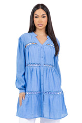 Women's Casual Resort Wear Circle Lace Crochet Detail Tunic Blouse Button Down