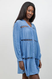 Circle Lace Crochet Detail Puff Sleeve Tunic Blouse