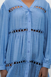 Circle Lace Crochet Detail Puff Sleeve Tunic Blouse