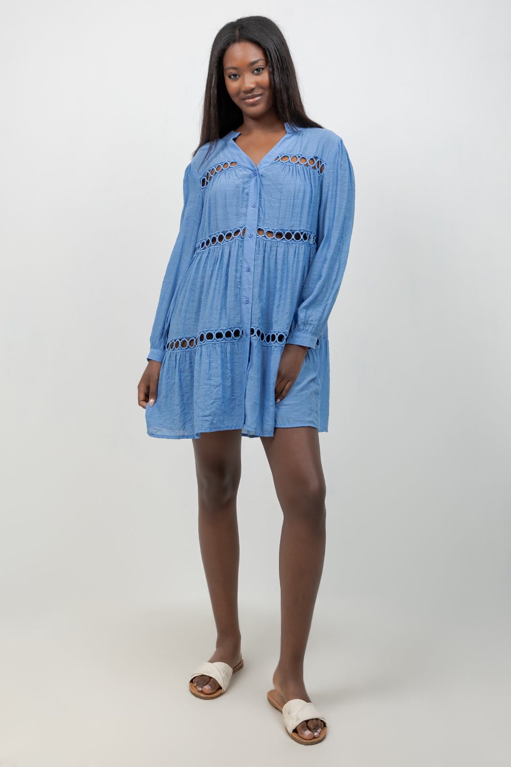 Circle Lace Crochet Detail Puff Sleeve Tunic Blouse