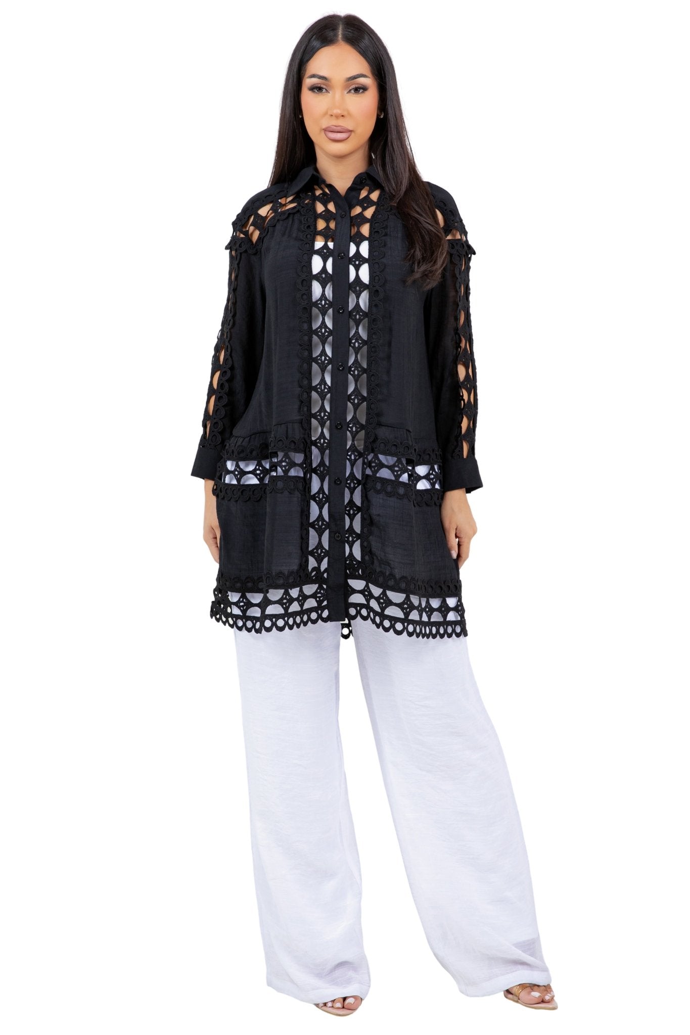 Women's Casual Resort Wear Embroidered Lace Button Down Tunic Blouse