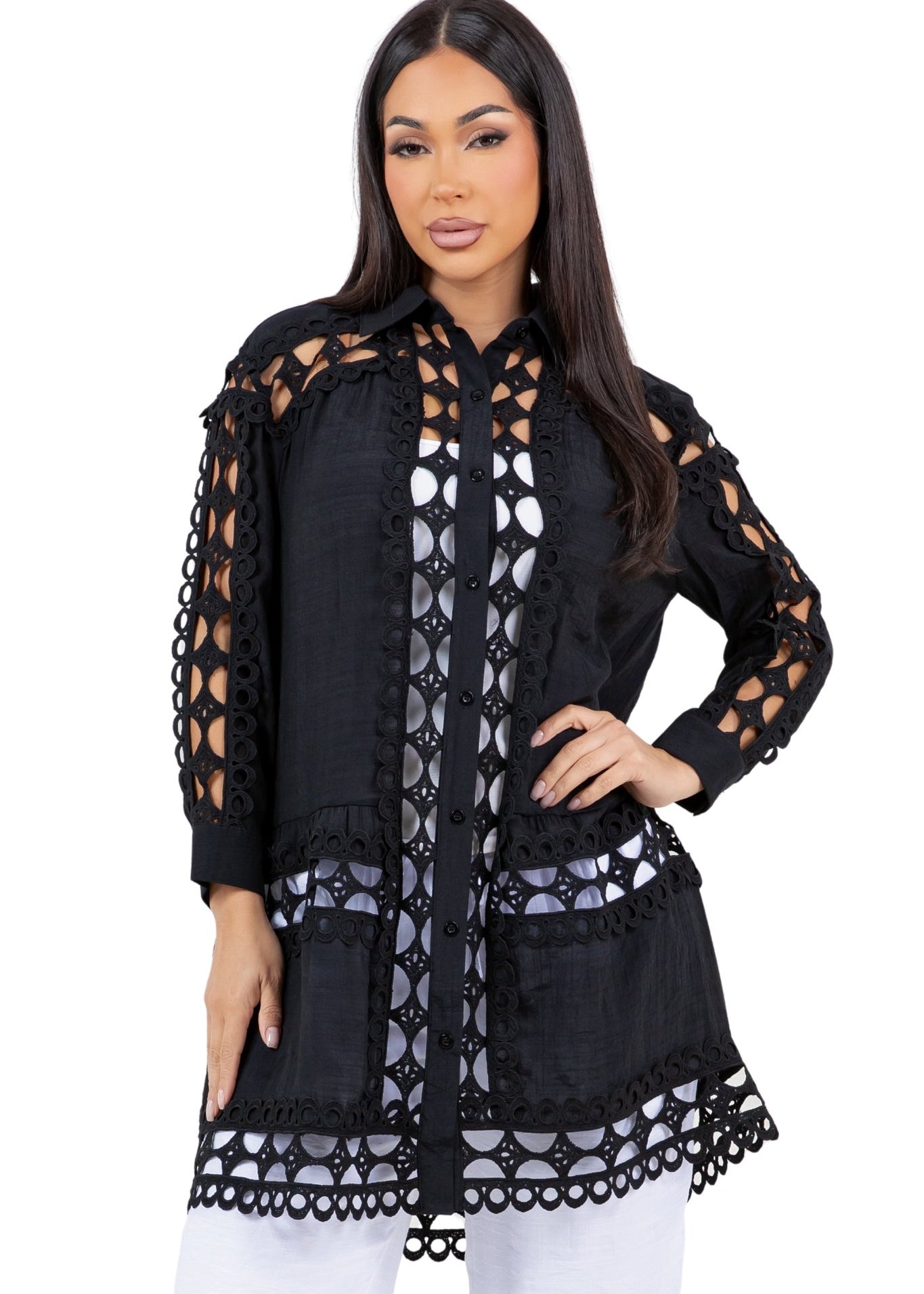 Women's Casual Resort Wear Embroidered Lace Button Down Tunic Blouse