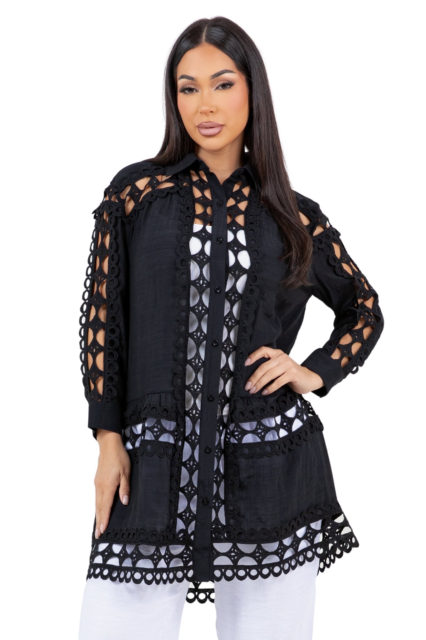 Women's Casual Resort Wear Embroidered Lace Button Down Tunic Blouse