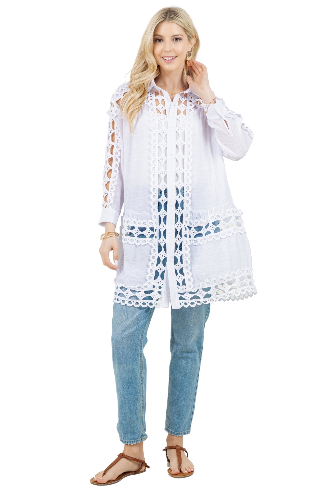 Women's Casual Resort Wear Embroidered Lace Button Down Tunic Blouse