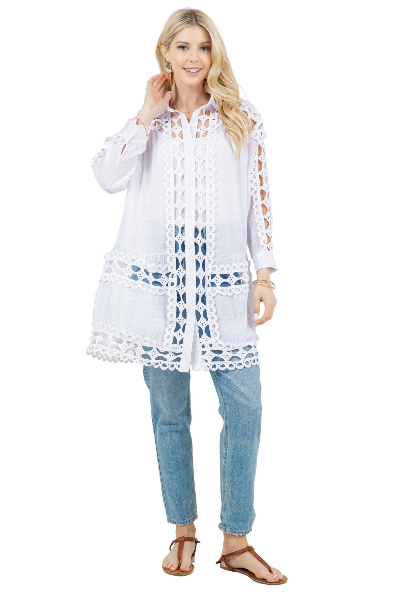 Women's Casual Resort Wear Embroidered Lace Button Down Tunic Blouse