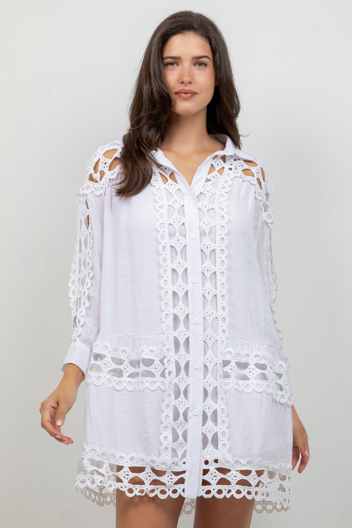 Women's black embroidered lace tunic blouse, 3/4 sleeve, front view, openwork lace panels, Mojito Collection