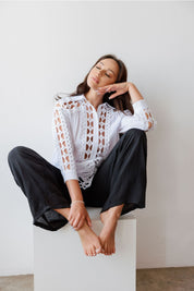 Mojito Women's Casual Resort Wear Embroidered Lace Button Down Tunic Blouse