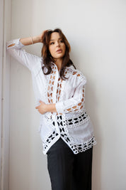 Mojito Women's Casual Resort Wear Embroidered Lace Button Down Tunic Blouse