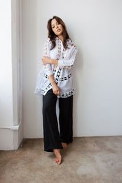Mojito Women's Casual Resort Wear Embroidered Lace Button Down Tunic Blouse