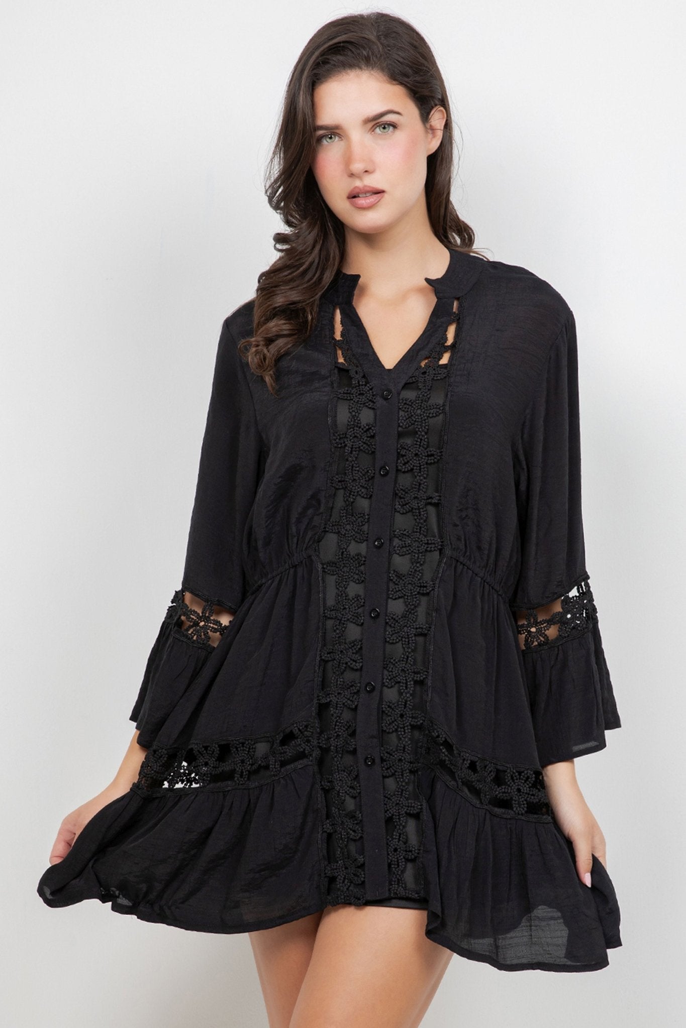 4 Dress Set" in black, featuring lace trim and three-quarter sleeves.