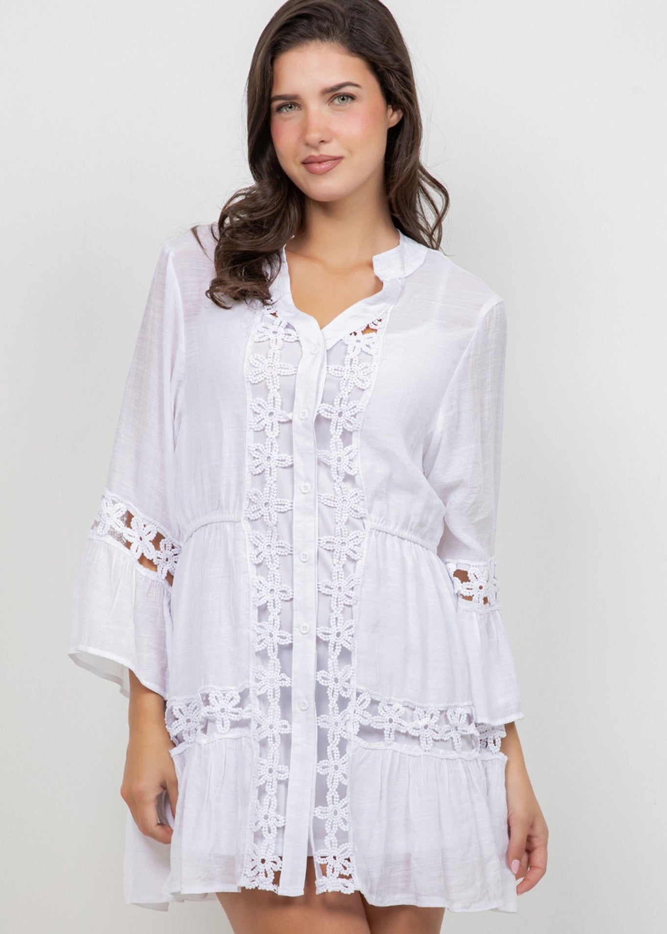 4 Dress Set in white with button detail and lace trim flaired sleeves.