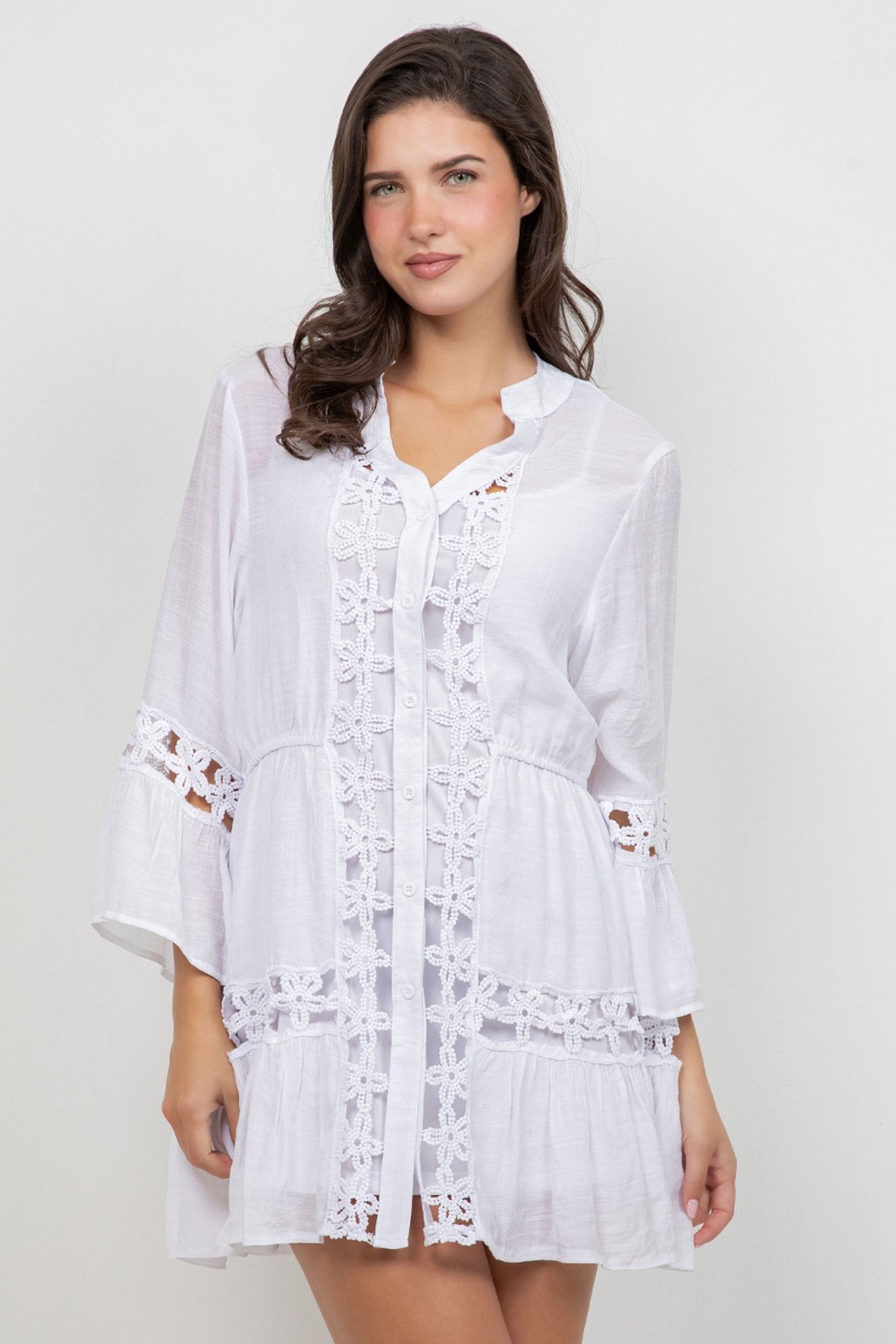 4 Dress Set in white with button detail and lace trim flaired sleeves.