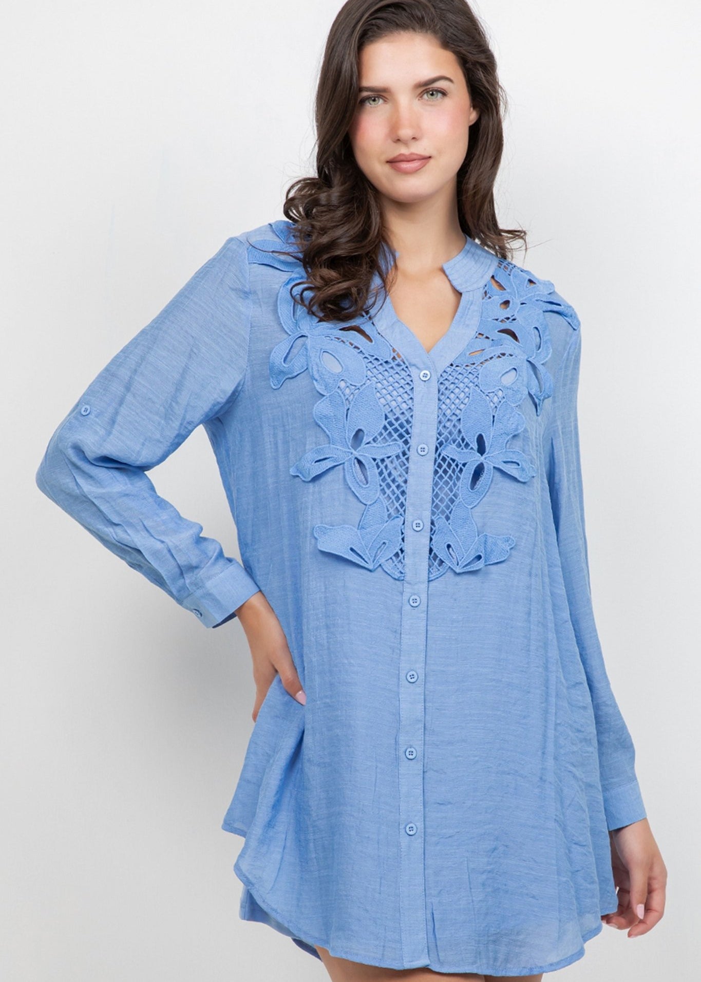 Model wears the Ladies Boho Lace Trim Blouse dress set, shown in light blue with a lace-trimmed center.