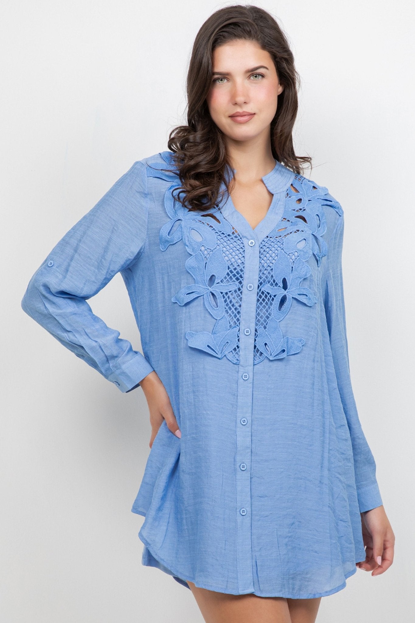 Model wears the Ladies Boho Lace Trim Blouse dress set, shown in light blue with a lace-trimmed center.