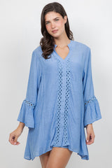 Blusa informal de mujer con escote en V y mangas dolman con ribete de crochet para resort