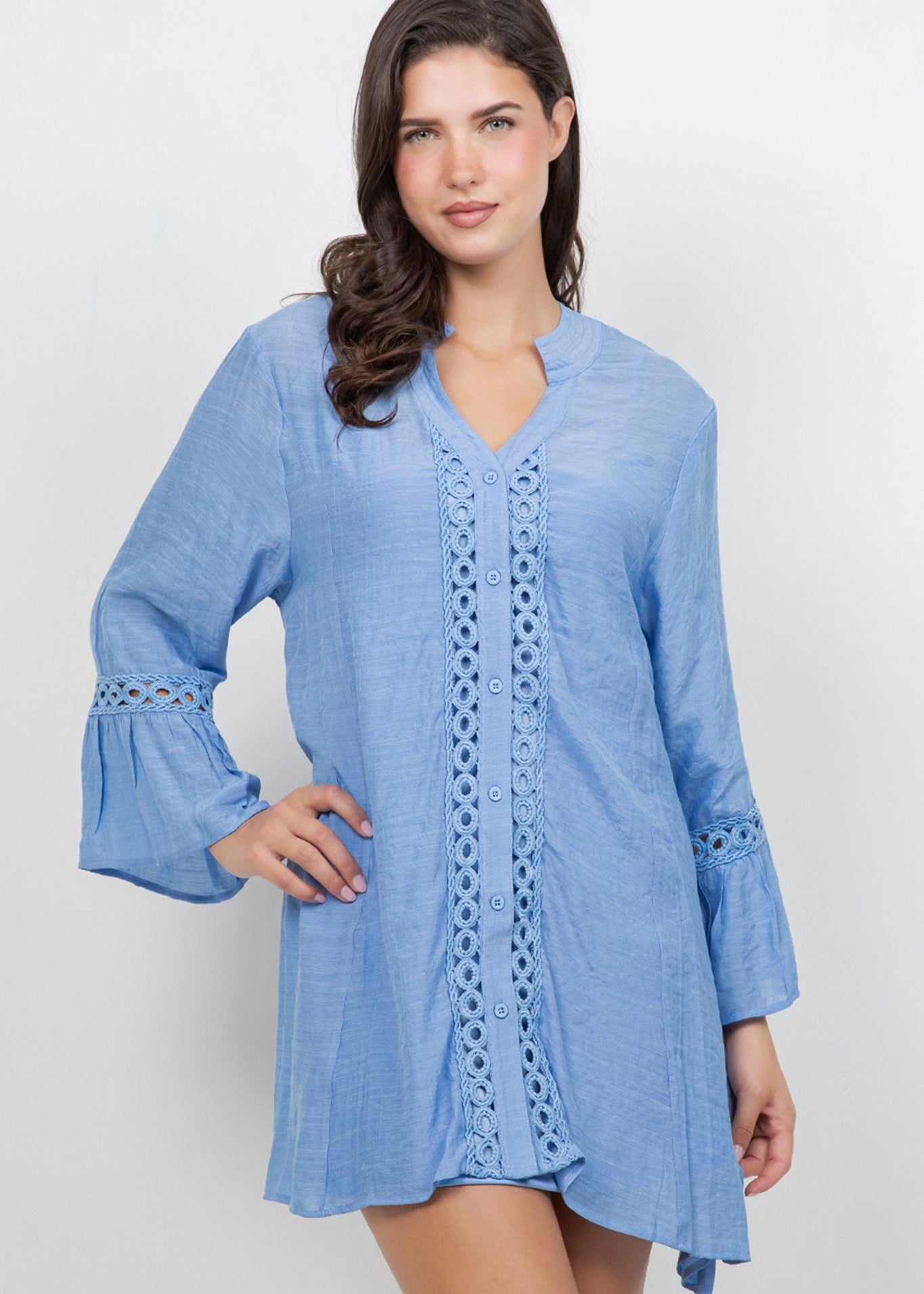 Model wears a blue Ladies Boho Lace Trim Tunic Dress Set, featuring lace trim and bell sleeves.