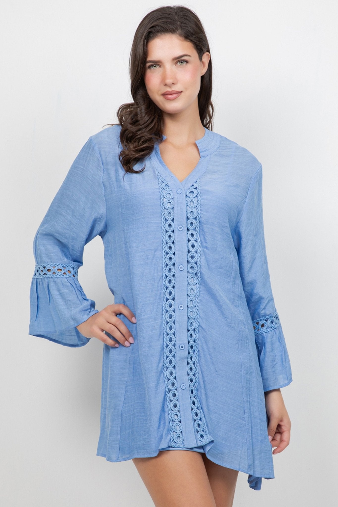 Model wears a blue Ladies Boho Lace Trim Tunic Dress Set, featuring lace trim and bell sleeves.