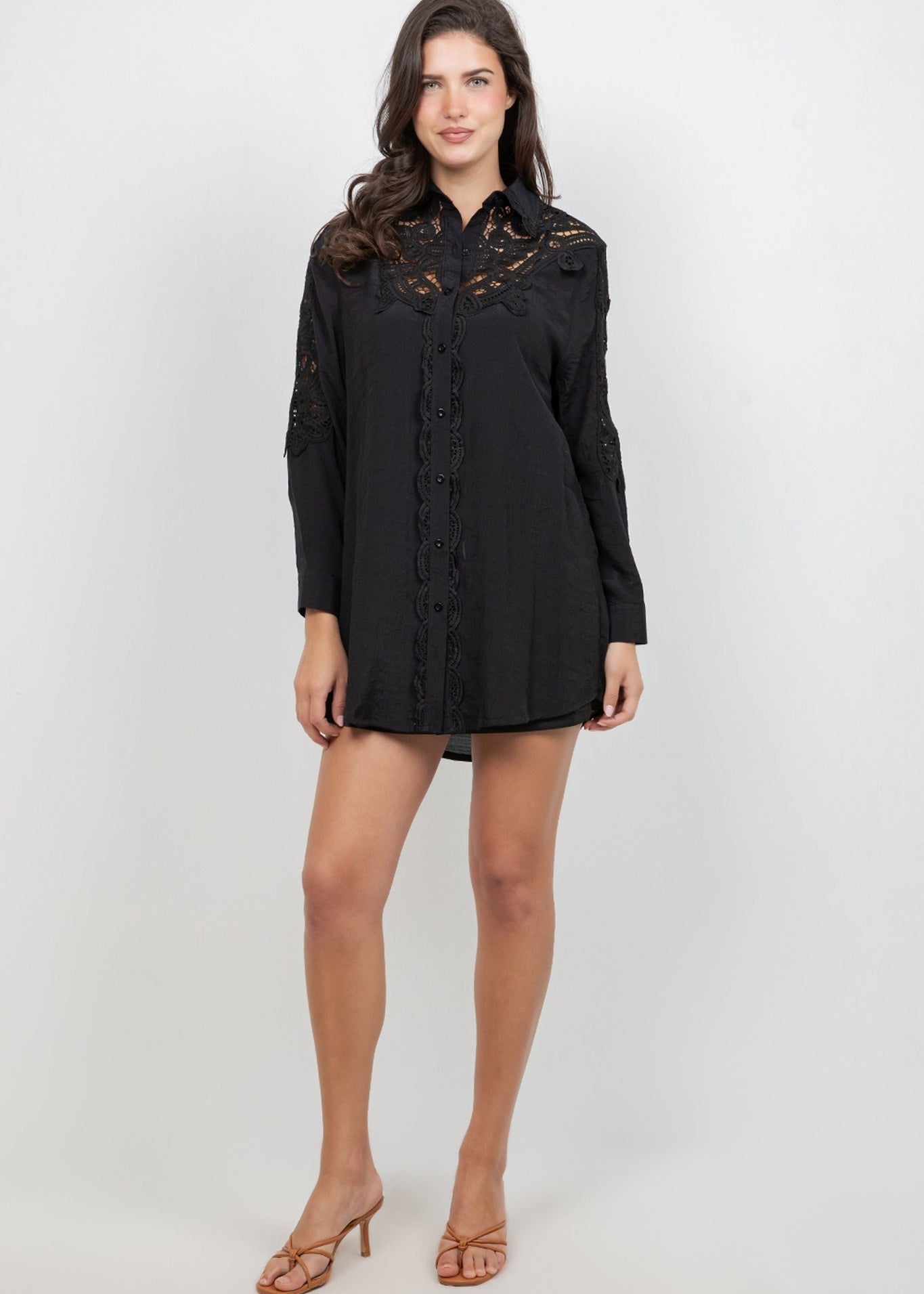 A woman models the Ladies Boho Lace Embroidered Tunic Shirt Dress Set, shown in black with lace details.