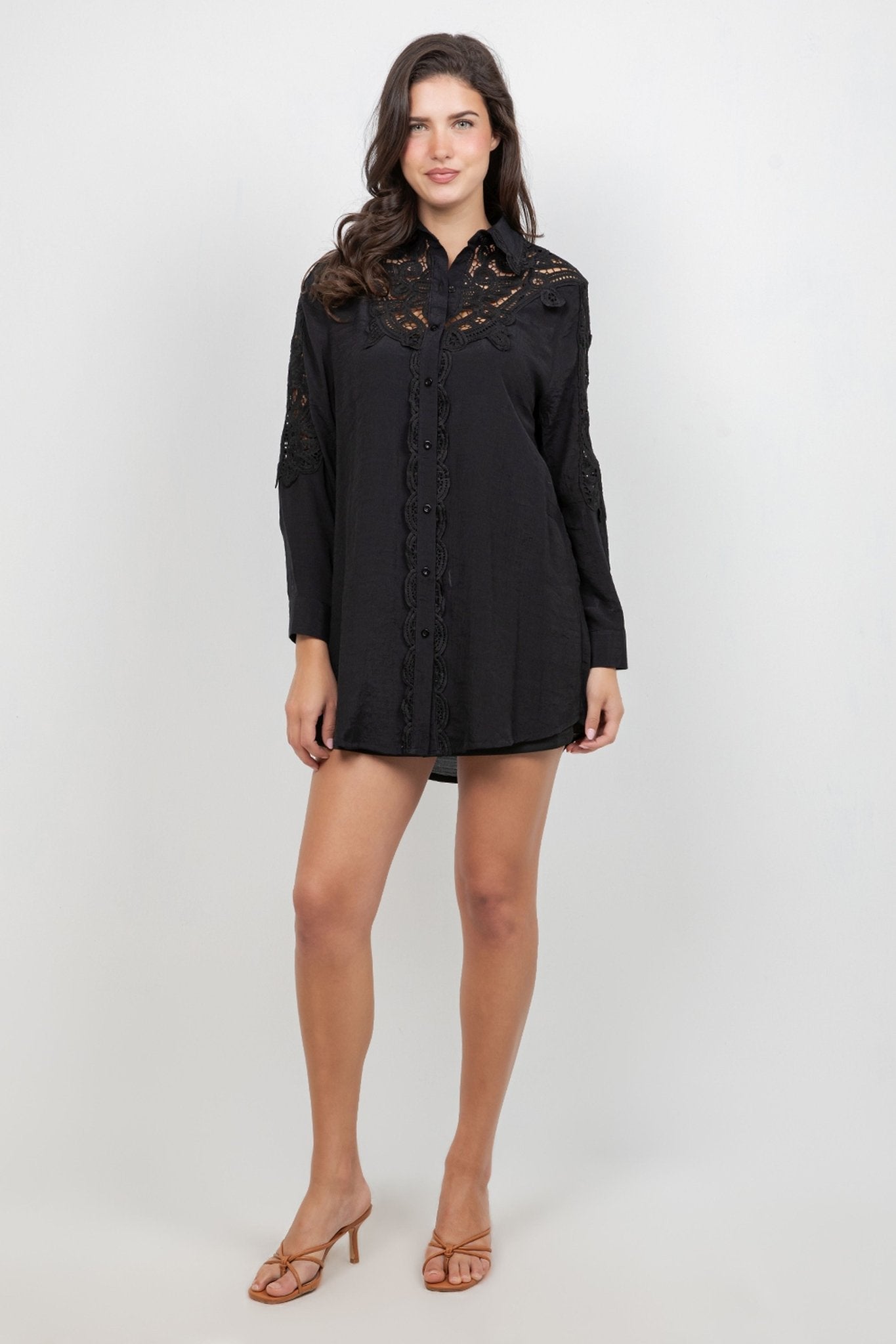 A woman models the Ladies Boho Lace Embroidered Tunic Shirt Dress Set, shown in black with lace details.