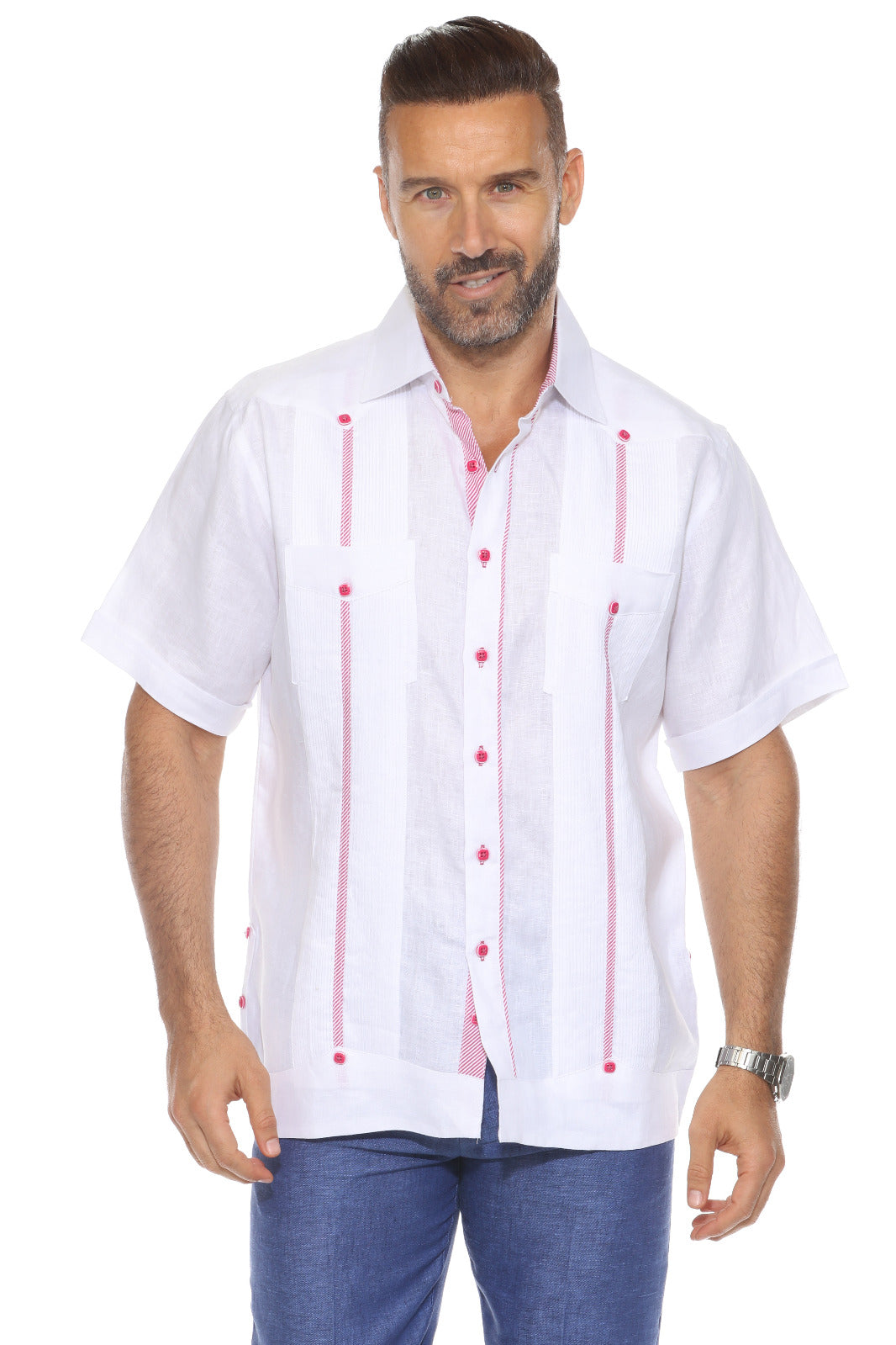 Mojito Men's 100% Linen Guayabera Chacabana Shirt Short Sleeve with Print Trim Accent
