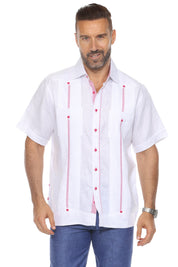 Mojito Men's 100% Linen Guayabera Chacabana Shirt Short Sleeve with Print Trim Accent