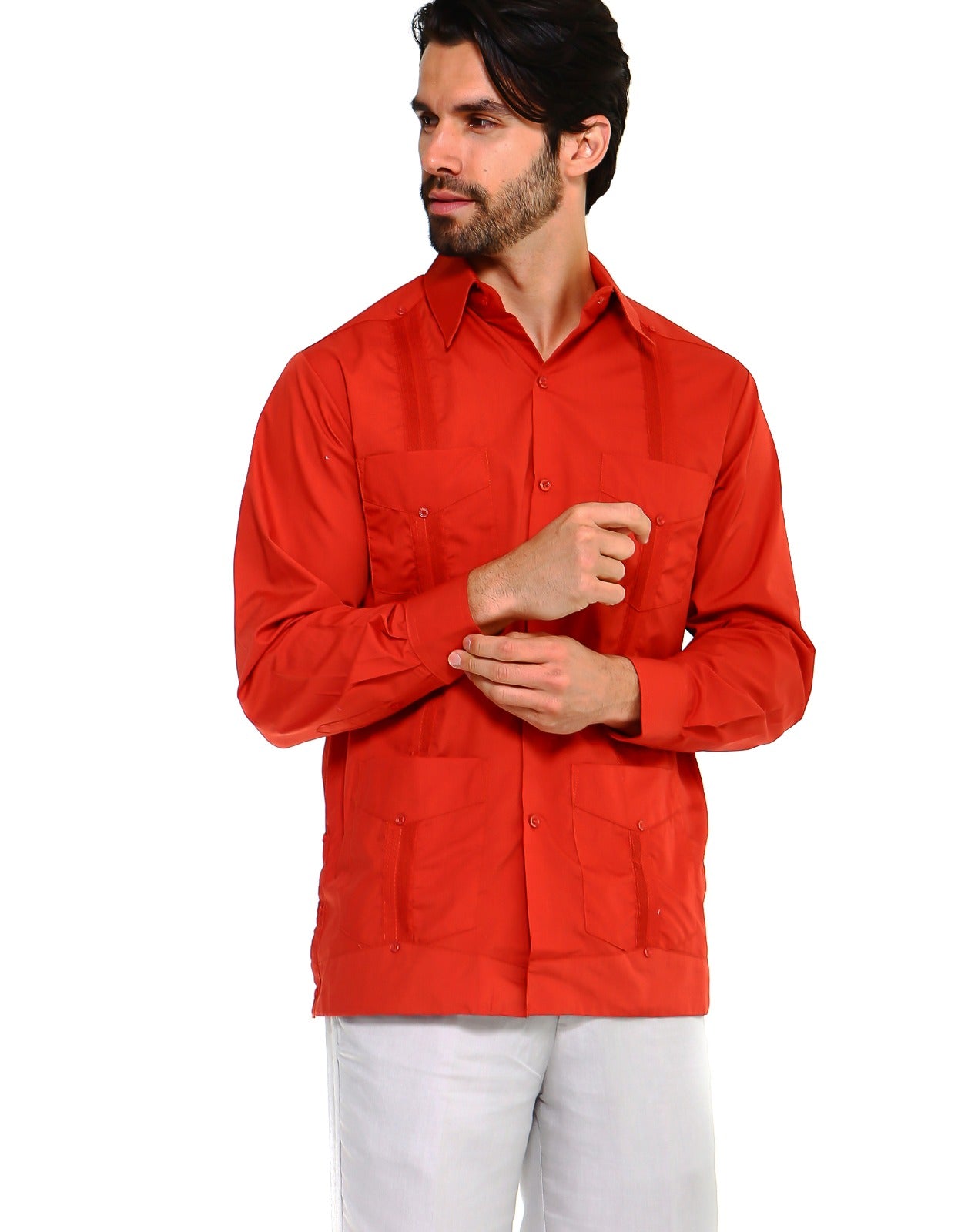 Guayabera de Manga Larga de Mezcla de Algodón con Cuatro Bolsillos Tallas Grandes