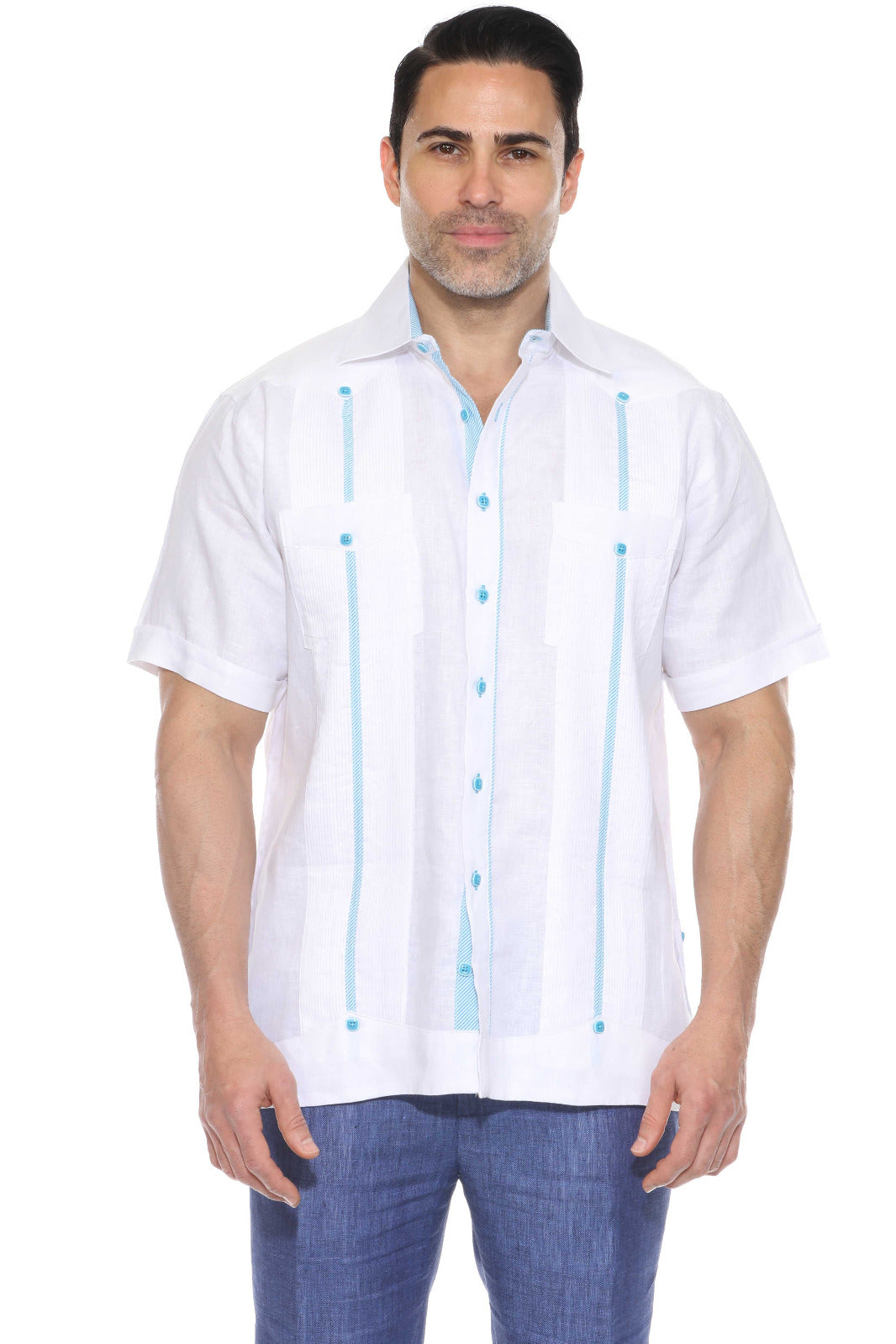 Mojito Men's 100% Linen Guayabera Chacabana Shirt Short Sleeve with Print Trim Accent